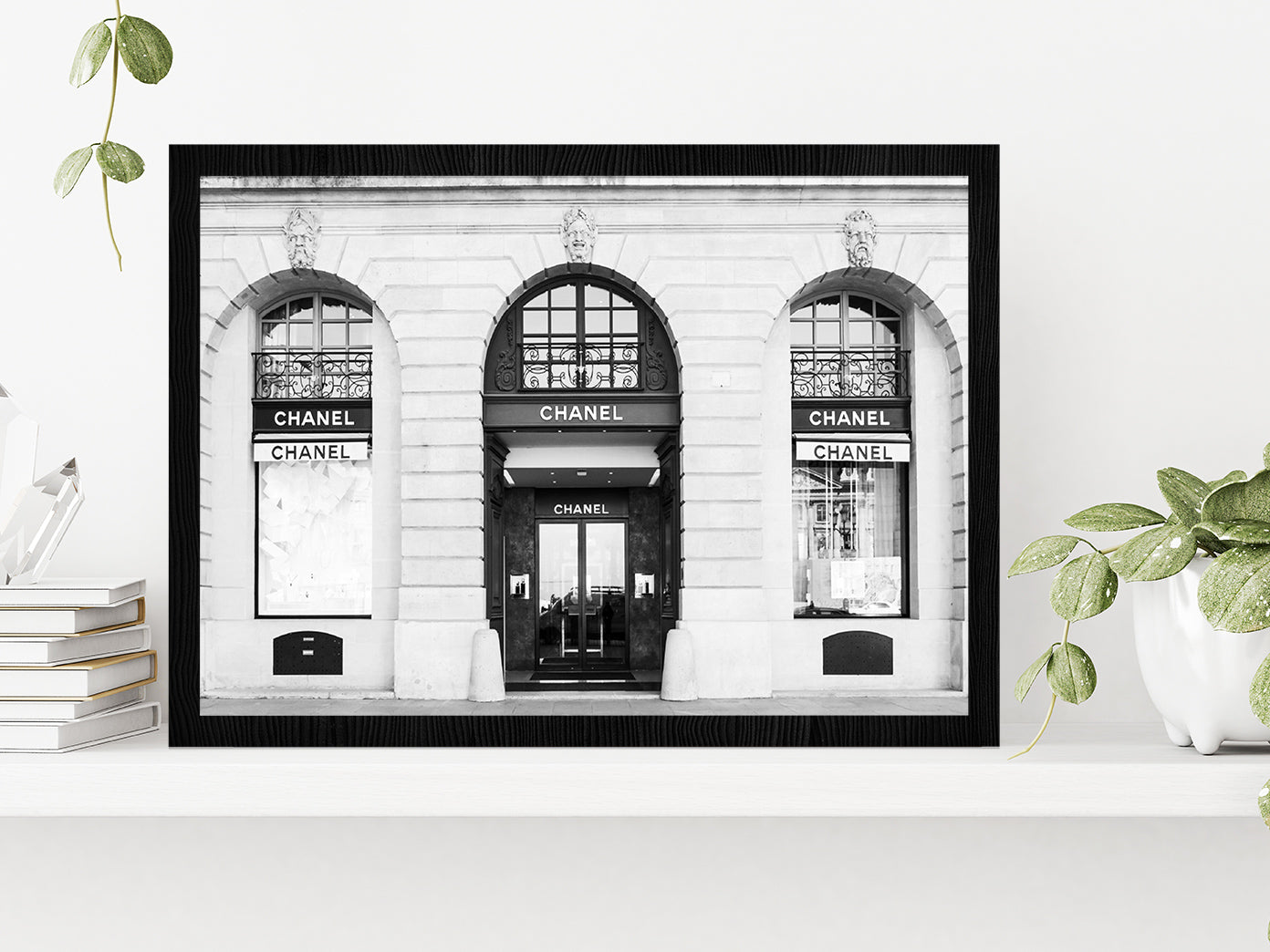 Fashion Store Front B&W Photograph Glass Framed Wall Art, Ready to Hang Quality Print Without White Border Black