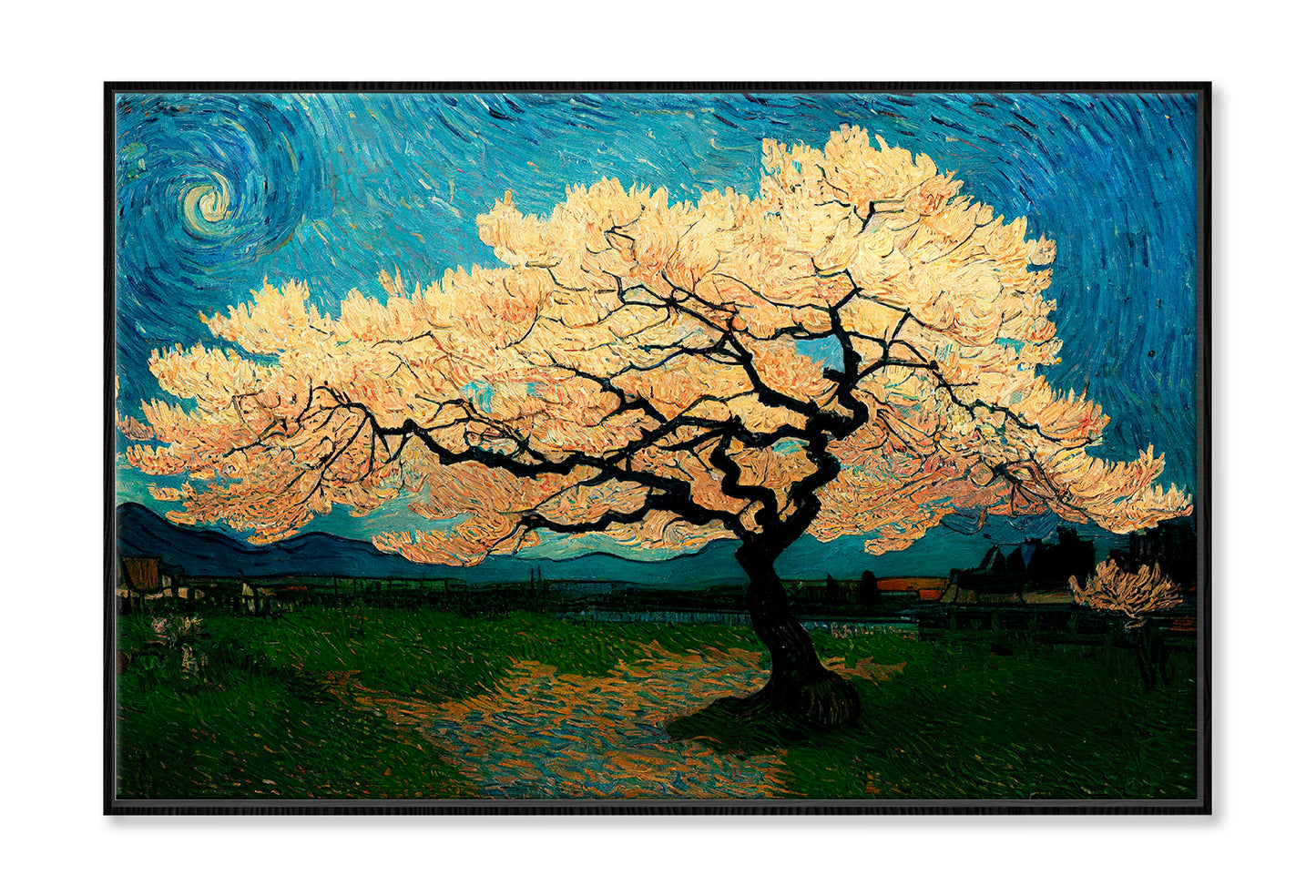 Japanese Cherry Tree In Green Meadow Oil Painting Limited Edition High Quality Print Canvas Box Framed Black