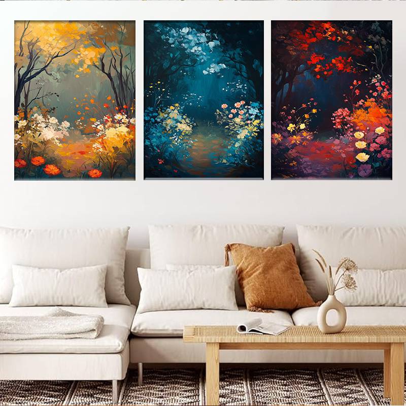 3pcs Golden to Navy Blue Triptych Forest Scene Wall Art Set Canvas Framed 40x60cm - High Quality Print 100% Australian Made Wall Canvas Ready to Hang - Bella Home Decor