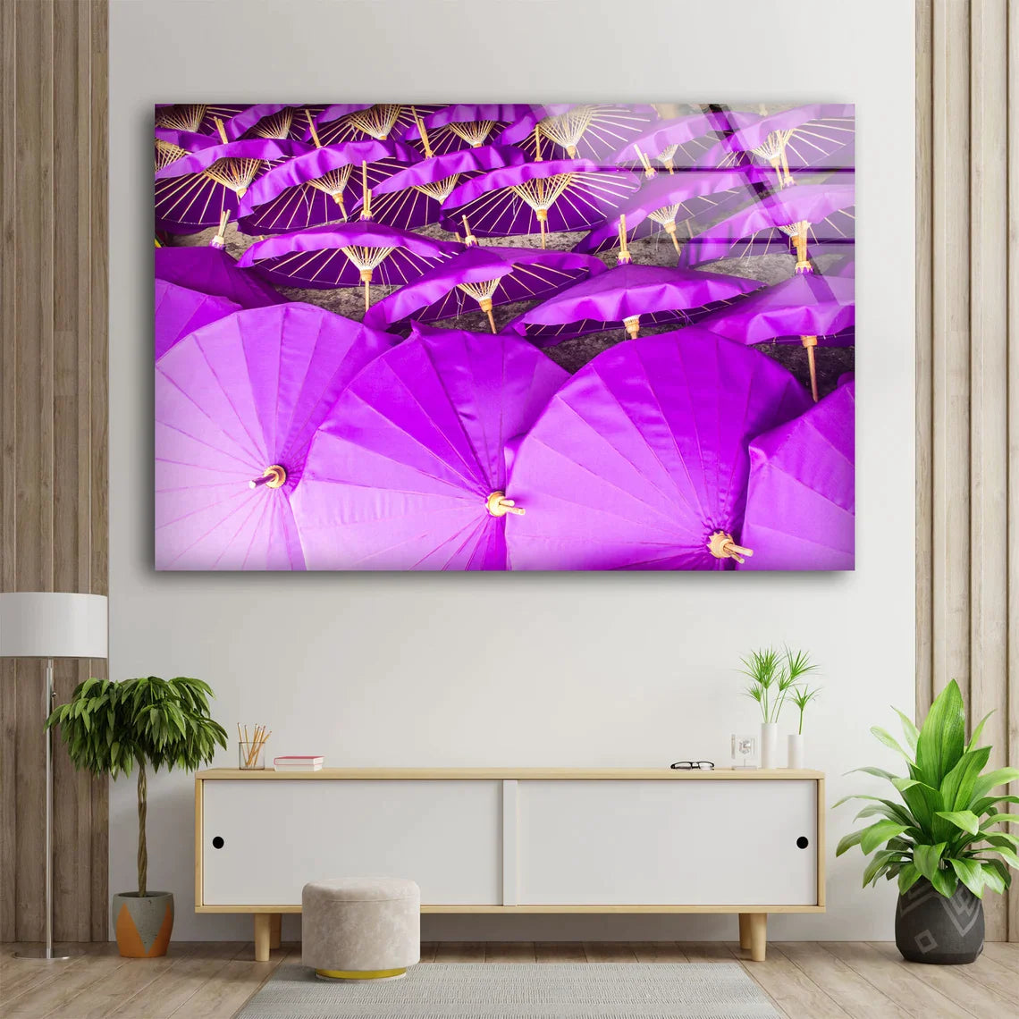 Purple Umbrellas View UV Direct Aluminum Print Australian Made Quality