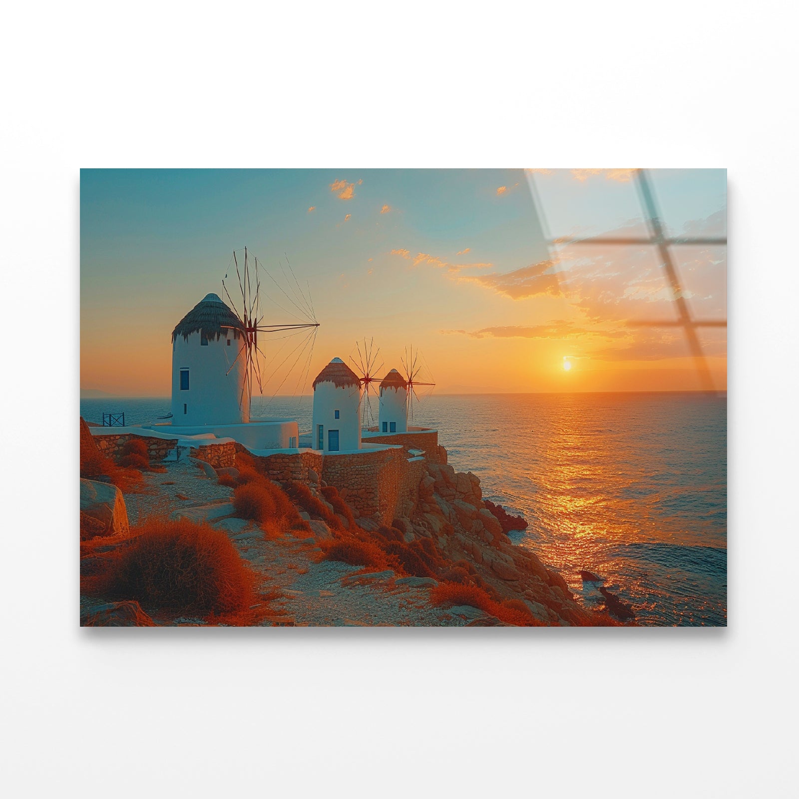 Buildings on a Rocky Shore, Sky In Greece Acrylic Glass Print Tempered Glass Wall Art 100% Made in Australia Ready to Hang - Bella Home Decor