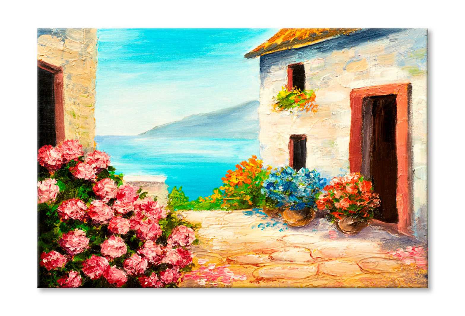 House Near The Sea, Sea Coast, Flowers Oil Painting Limited Edition High Quality Print Stretched Canvas None