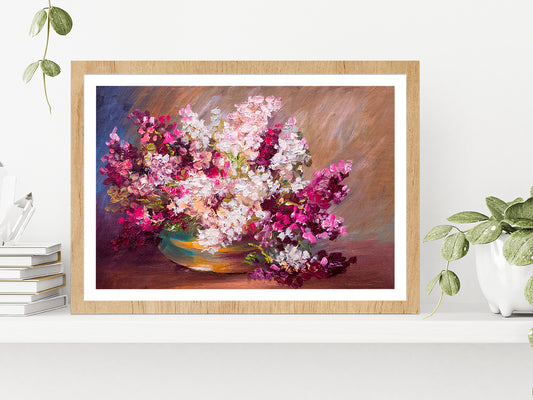 Bouquet Of Lilac & Colorful Still Life Glass Framed Wall Art, Ready to Hang Quality Print With White Border Oak