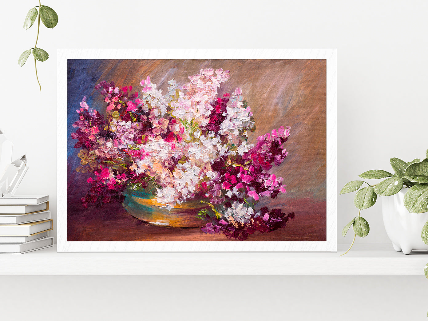 Bouquet Of Lilac & Colorful Still Life Glass Framed Wall Art, Ready to Hang Quality Print Without White Border White