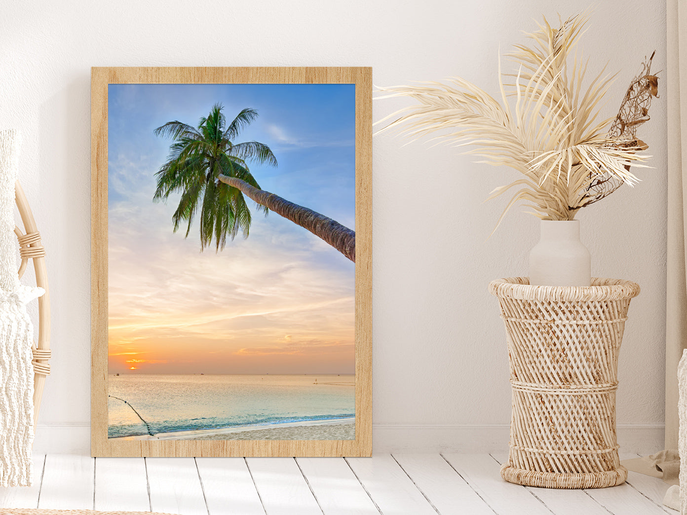 Palm Tree Leaning Over the Ocean at Sunset Photograph Glass Framed Wall Art, Ready to Hang Quality Print Without White Border Oak