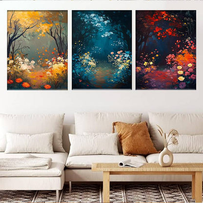 3pcs Golden to Navy Blue Triptych Forest Scene Wall Art Set Canvas Framed 60x90cm - High Quality Print 100% Australian Made Wall Canvas Ready to Hang - Bella Home Decor