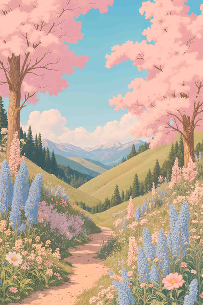 Sakura Mountain Path Scene 60x90cm Metal Print Ready to Hang - Bella Home Decor