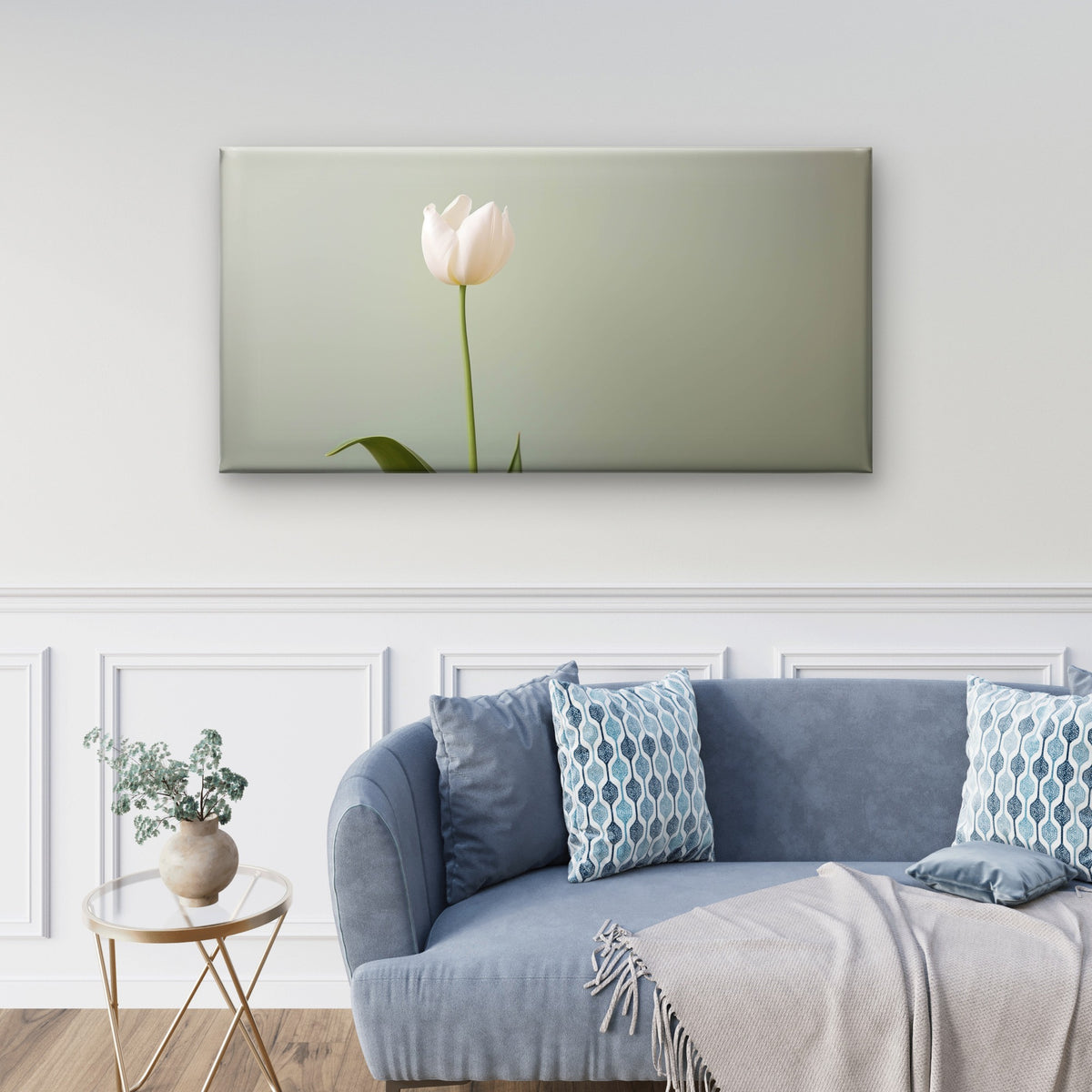 White Tulip Flower Green Leaves Wall Art Canvas Office Home Framed 120x60cm