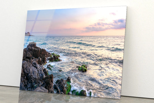 Rocky Beach with a Large Body of Water & Sky Acrylic Glass Print Tempered Glass Wall Art 100% Made in Australia Ready to Hang