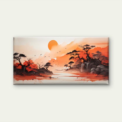 Vibrant Orange Sunset Over Wall Art Canvas Office Home Room Framed 120x60cm