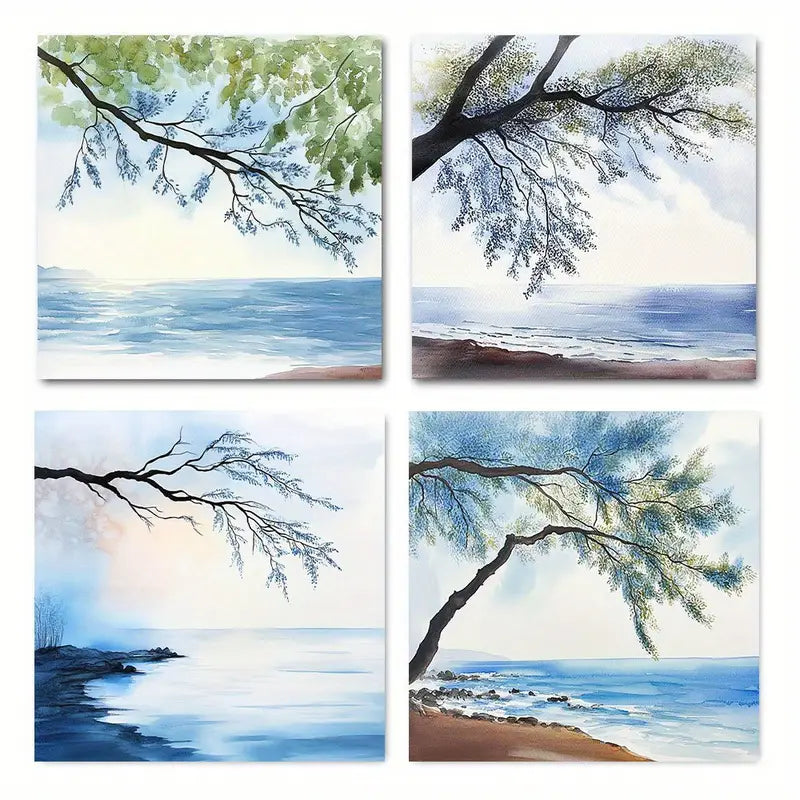 4pcs  Serene Beach & Tree Designs  TY    Wall Art Canvas Framed