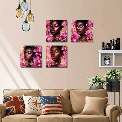 4pcsGolden Circle Flower Woman  Wall Art Canvas Framed