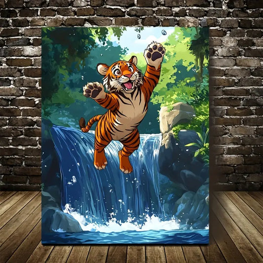 Cartoon Tiger Jumping Joyfully Over Crystal 40x60cm Metal Print Ready to Hang - Bella Home Decor
