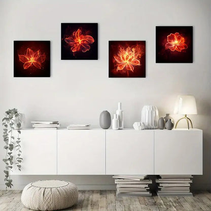 4pcs Fire Flowe Art Deco Wall Art Canvas Framed