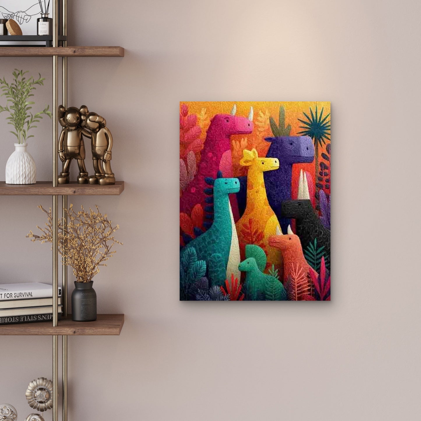 Colorful Little Dinosaur Friends Jungle Metal Print Ready to Hang