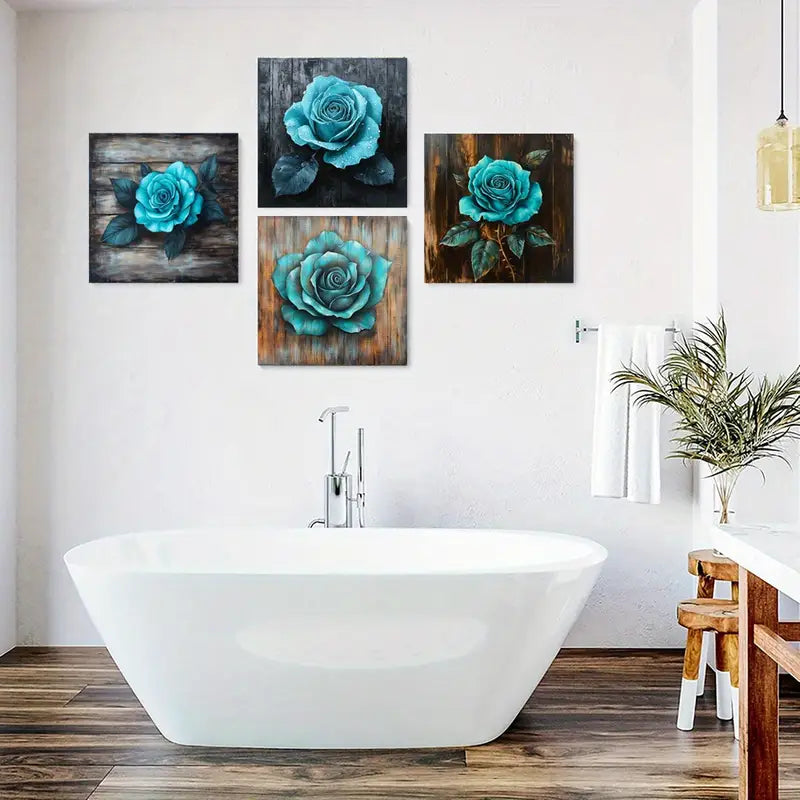 4pcs Blue Rose Wall Art Canvas Framed