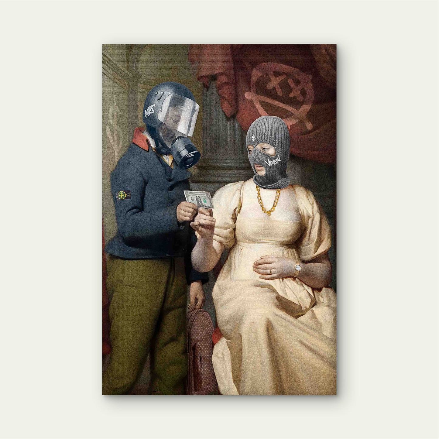 Urban Renaissance Gas Mask Grey Balaclava Cash 60x90cm Metal Print Ready to Hang