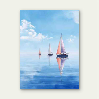 Sailboats on a Tranquil Sea in Soft Blue Watercolor Metal Print Ready to Hang