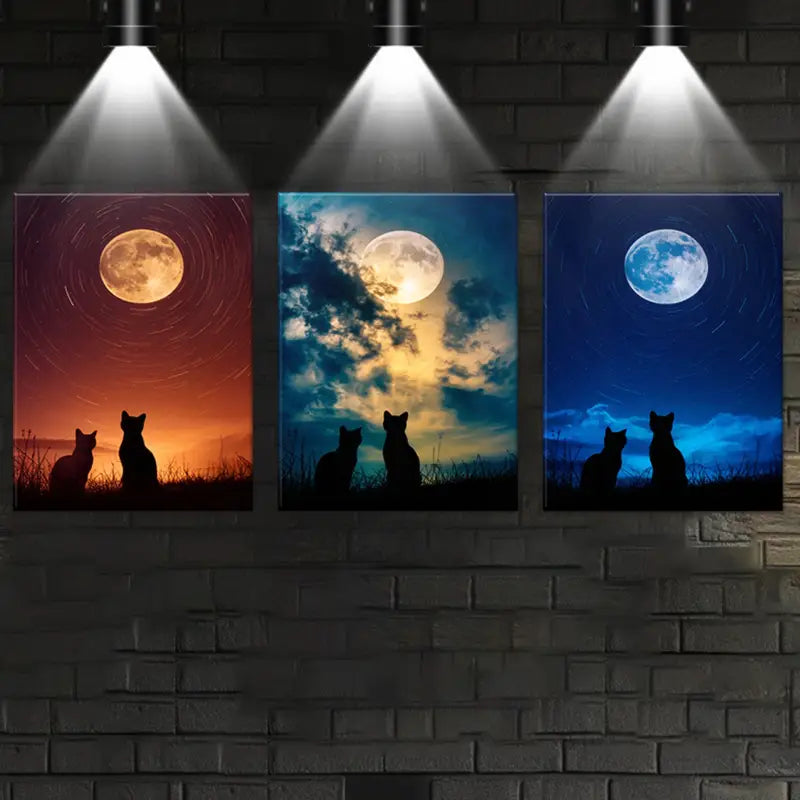 3pcs Featuring Moonlit Cats In Serene Metal Print Ready to Hang Art