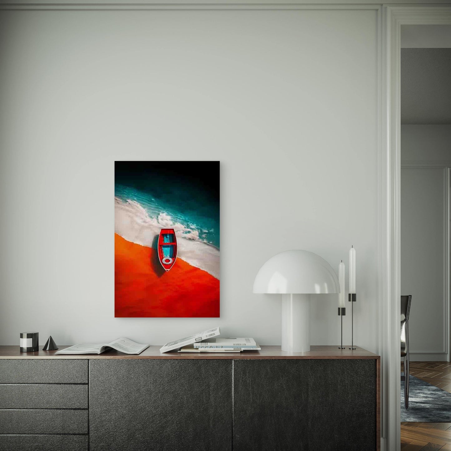 Vibrant Red Boat & Turquoise Waters 60x90cm Metal Print Ready to Hang