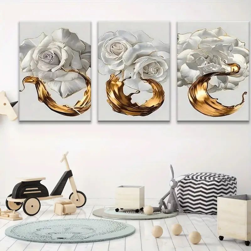 3pcs Golden Rose & Floral Metal Print Ready to Hang Art - Bella Home Decor