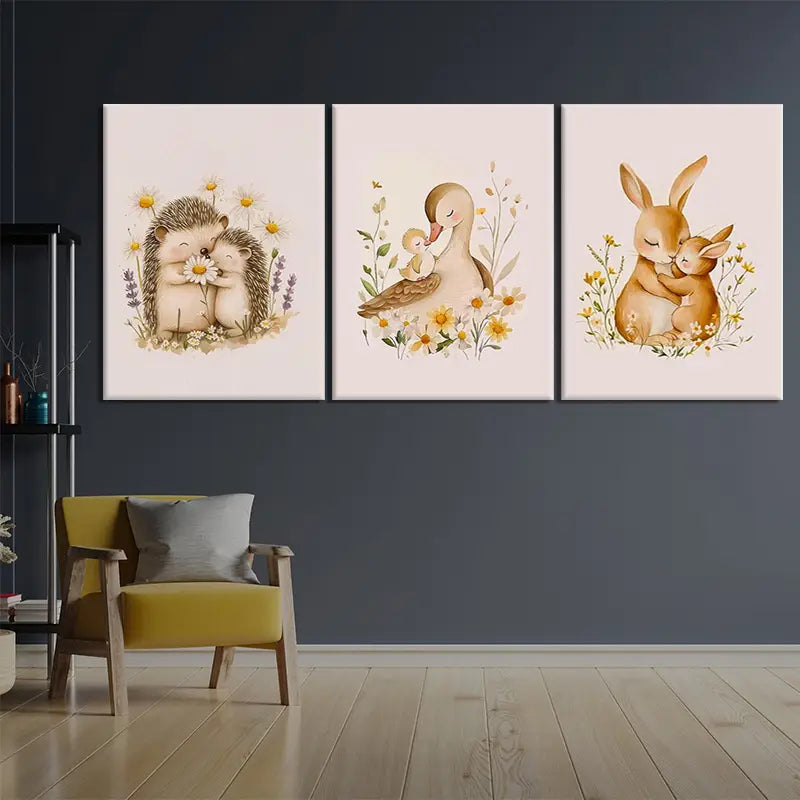 3pcs Cute Rabbit Hedgehog Duck Nursery Paintings Metal Print Ready to Hang Art - Bella Home Decor