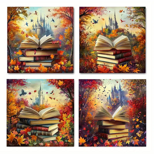 4pcs Dreamy Books & Leaves Scenery Wall Art Canvas Framed