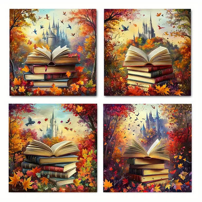 4pcs Dreamy Books & Leaves Scenery Wall Art Canvas Framed