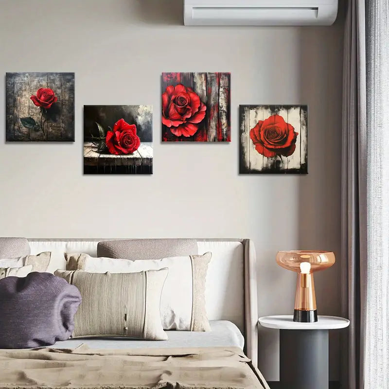 4pcs Red Rose Interior Design  Wall Art Canvas Framed