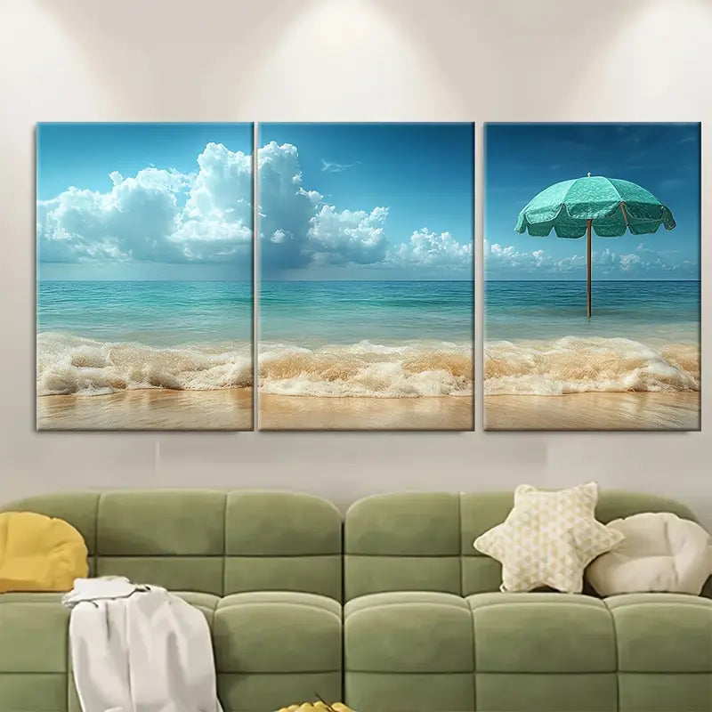 3pcs Serene Mint Parasol Beach Canvas Metal Print Ready to Hang Art