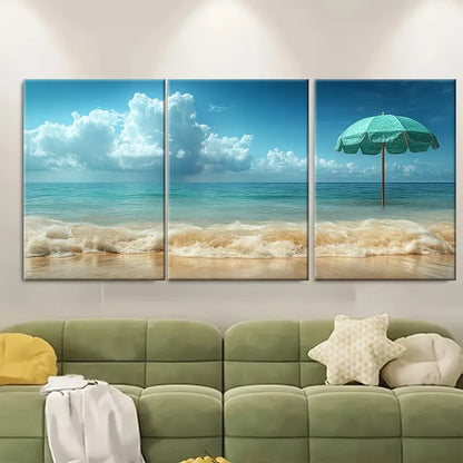 3pcs Serene Mint Parasol Beach Canvas Metal Print Ready to Hang Art