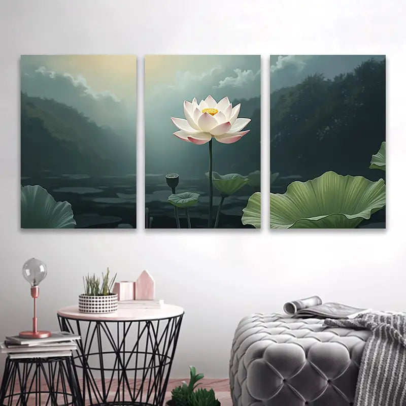 3pcs Lotus Flower & Lily Pads Nature Decor Wall Art Set Canvas Framed 40x60cm - High Quality Print 100% Australian Made Wall Canvas Ready to Hang