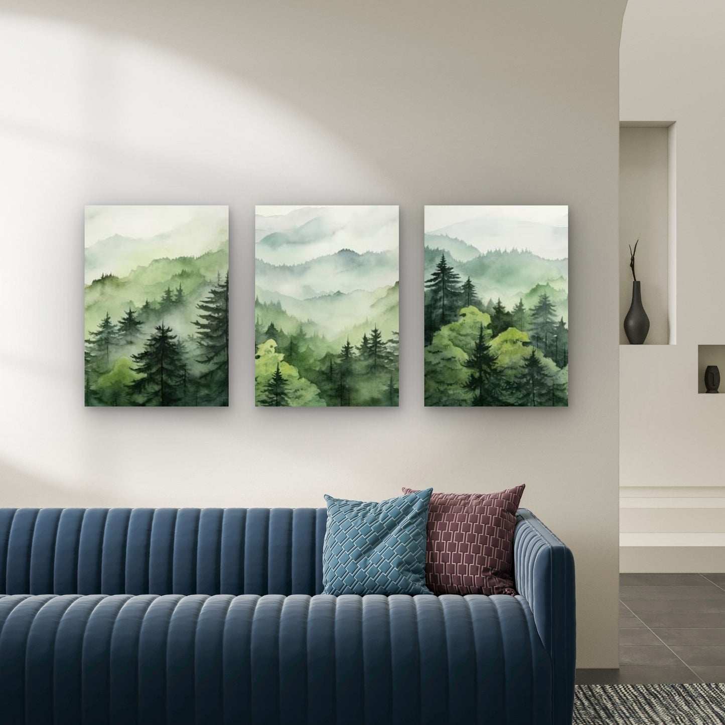3pcs Misty Green Forest Watercolor Mountain Wall Art Set Canvas Framed 50x70cm - High Quality Print 100% Australian Made Wall Canvas Ready to Hang - Bella Home Decor