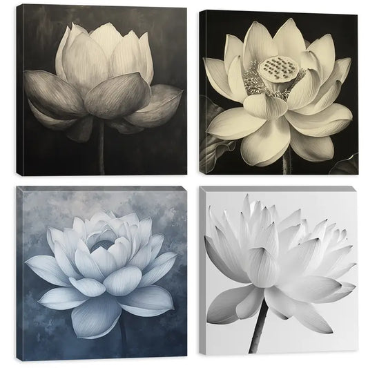 4pcs Yellow Flower Center  Lotus  Wall Art Canvas Framed