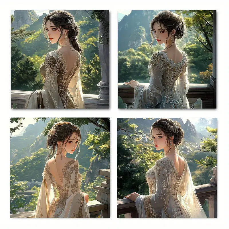 4pcs Elegant Lady In White & Golden Ancient Chinese Style Wall Art Canvas Framed