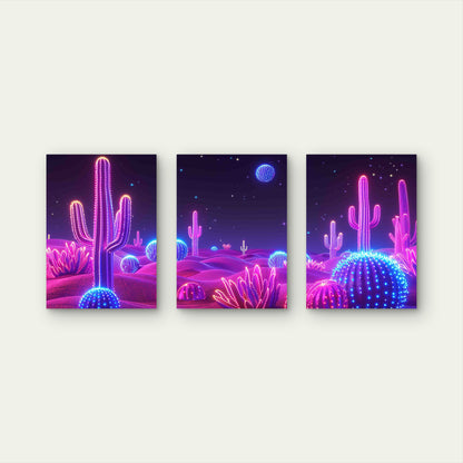 3pcs Vibrant Neon Cactus Desert Metal Print Ready to Hang Art