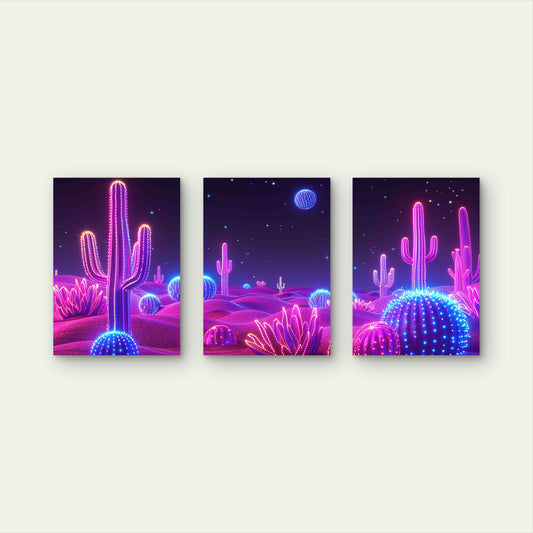 3pcs Vibrant Neon Cactus Desert Metal Print Ready to Hang Art - Bella Home Decor