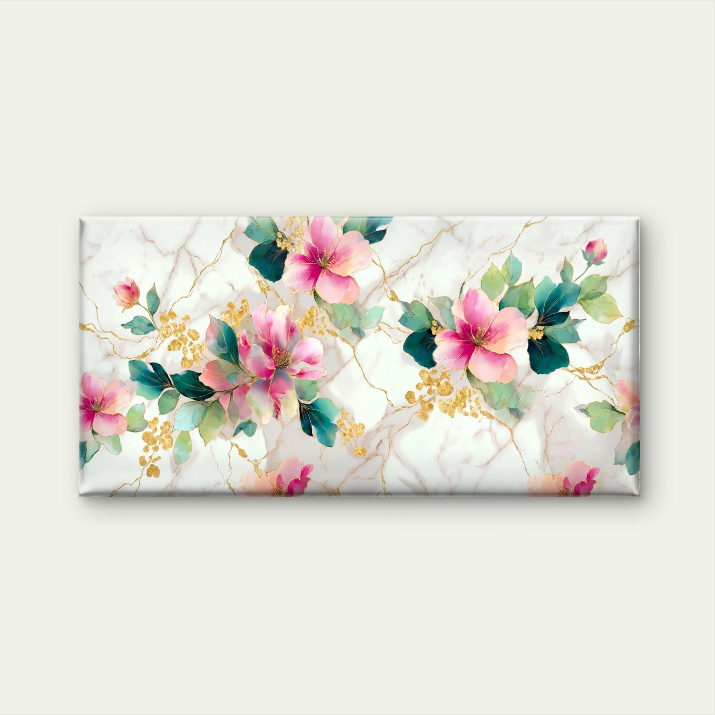 Pink Floral Gold Veins Marble Pattern Wall Art Canvas Office Home Room Framed 120x60cm