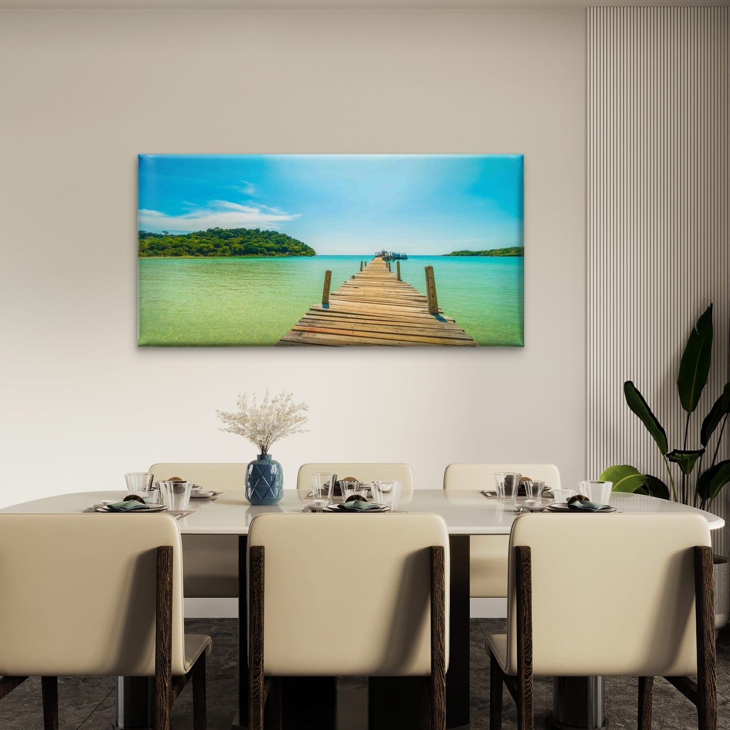 Wooden Pier Bridge With TropicalWall Art Canvas Office Home Room Framed 120x60cm