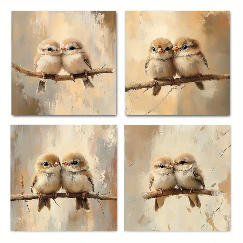 4pcs  Birds on Branch Elegant Modern Decorative Wall Art Canvas Framed