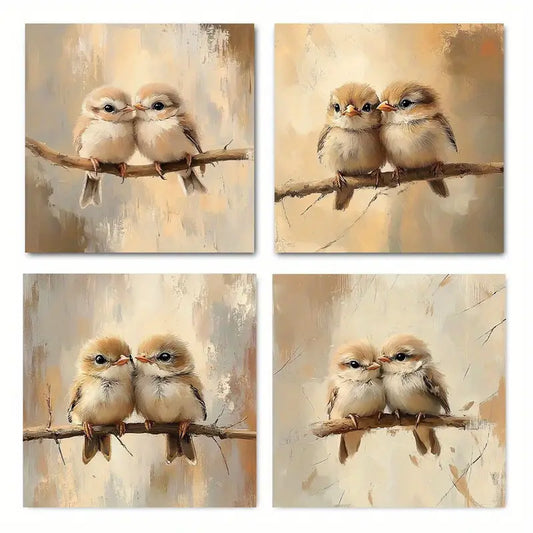 4pcs  Birds on Branch Elegant Modern Decorative Wall Art Canvas Framed