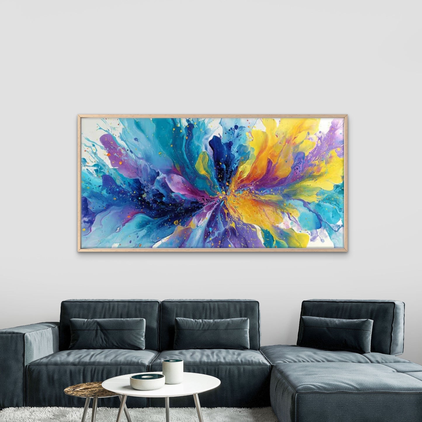 Blue Yellow Green White Splash Wall Art Canvas Office Home Room Framed 120x60cm