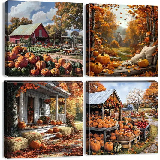4pcs Vintage Autumn Forest Watercolor Pumpki  Wall Art Canvas Framed