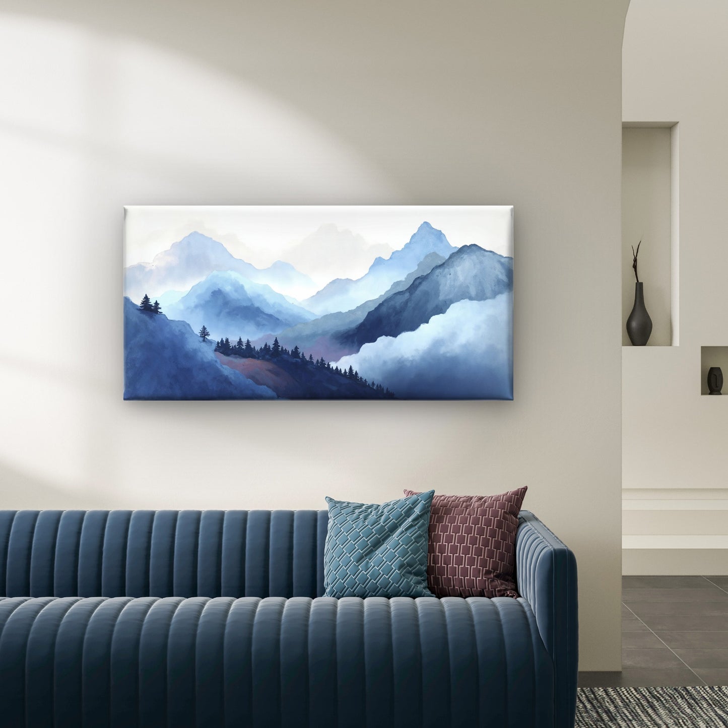 Blue Misty Mountain Peak Ridge Wall Art Canvas Office Home Room Framed 120x60cm
