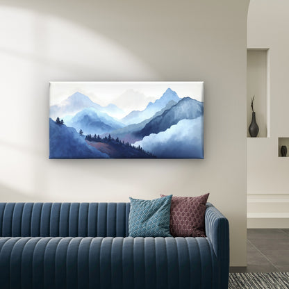 Blue Misty Mountain Peak Ridge Wall Art Canvas Office Home Room Framed 120x60cm