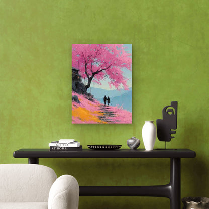 Couple Walking Through Pink Floral Meadow 60x90cm Metal Print Ready to Hang