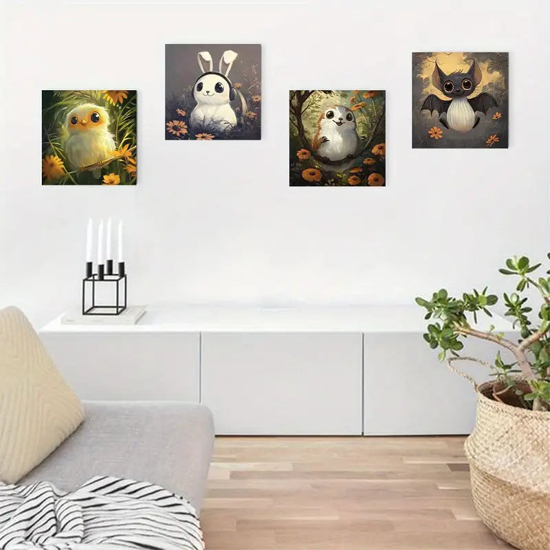 4pcs Cute Animal & Fantasy Characters Wall Art Canvas Framed