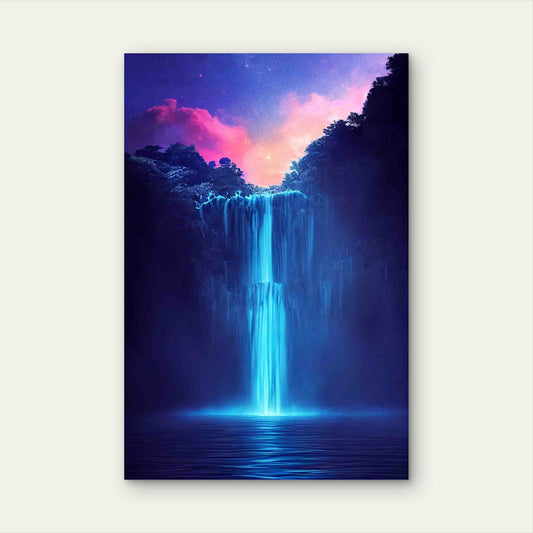 Neon Blue Waterfall in a Hidden Fantasy Forest 40x60cm Metal Print Ready to Hang