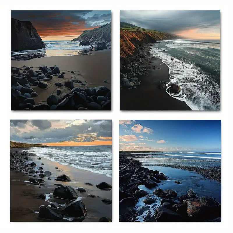 4pcs Sunset Beach & Ocean Scenery, Wall Art Canvas Framed