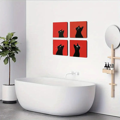 4pcs Black Cat & Red Background BCRB  Wall Art Canvas Framed